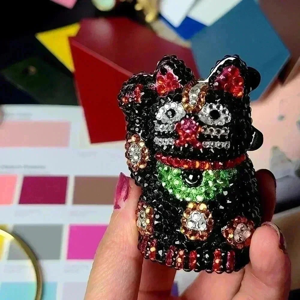 Rhinestones black lucky cat trinket box jewelry box small size good luck kitten - Picture 7 of 15